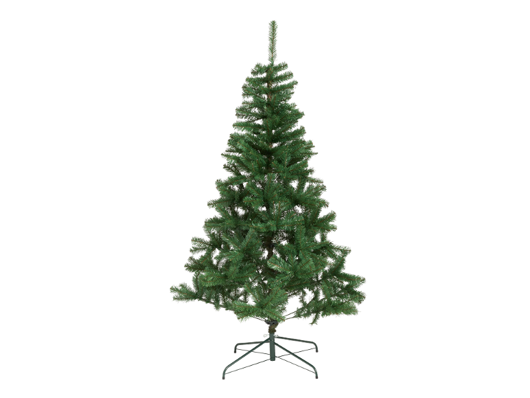 Sapin de Noël artificiel vert avec support métallique, sur fond noir.