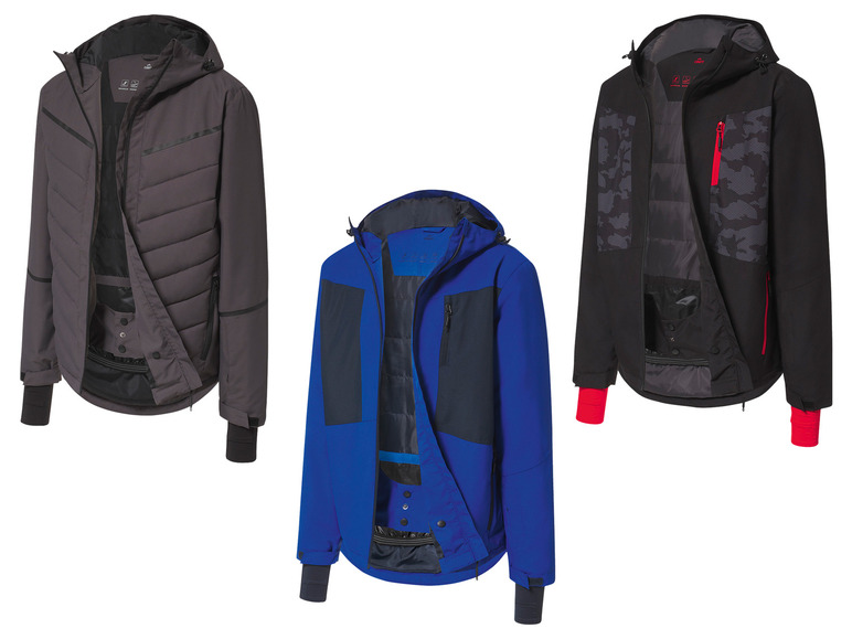 Trois vestes d'hiver à capuche, dont une noire à motif camouflage.