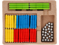 Ensemble de construction magnétique avec bâtonnets et billes métalliques dans une boîte en carton.