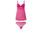 Un ensemble de lingerie rose avec un string en dentelle et une chemise de nuit transparente.