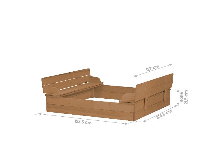 Bac à sable en bois avec bancs, dimensions 127x123,5x21,5 cm.