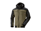 Veste de travail bicolore kaki et noire avec capuche et poches, fermeture éclair frontale.