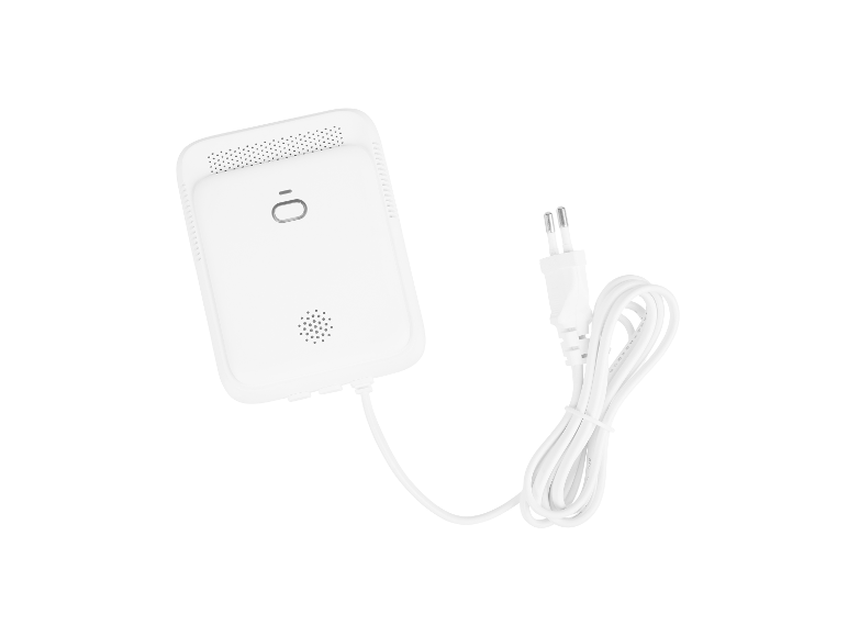 Moniteur de qualité de l'air rectangulaire blanc avec cordon d'alimentation et fiche à deux broches.