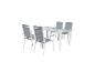 Ensemble table et chaises de jardin : table blanche et quatre chaises grises en aluminium.