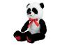 Un panda en peluche avec un nœud rouge et des cœurs sur les pieds.