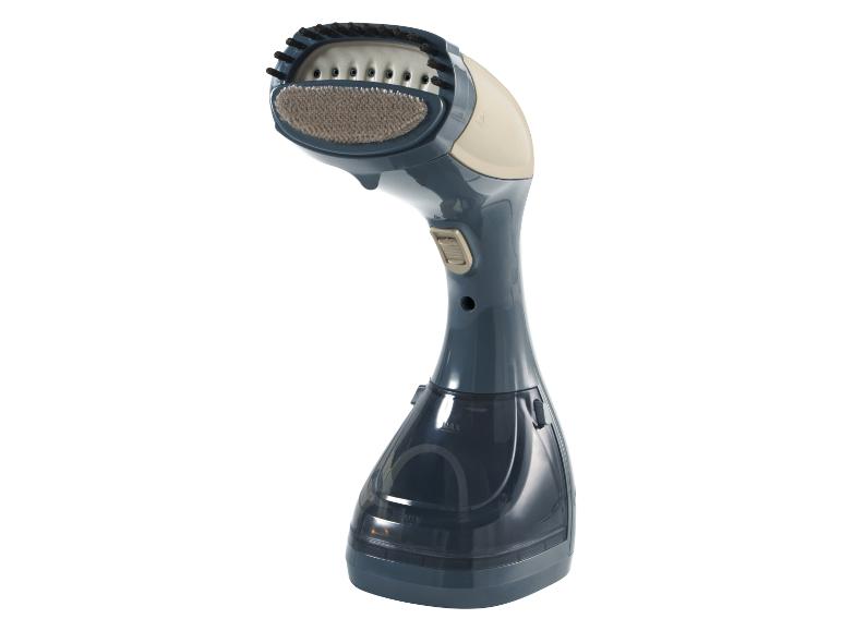 Défroisseur vapeur portable avec corps bleu foncé et tête beige, avec brosse.