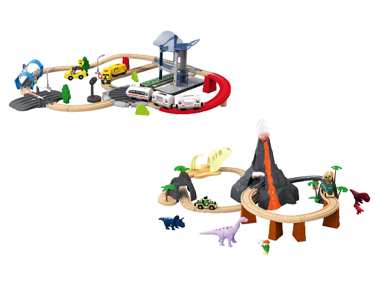 Deux ensembles de trains en bois : un sur le thème de la ville et un sur le thème des dinosaures.