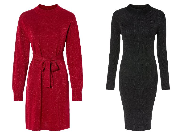 Deux robes à paillettes à manches longues : une rouge avec ceinture et une noire.
