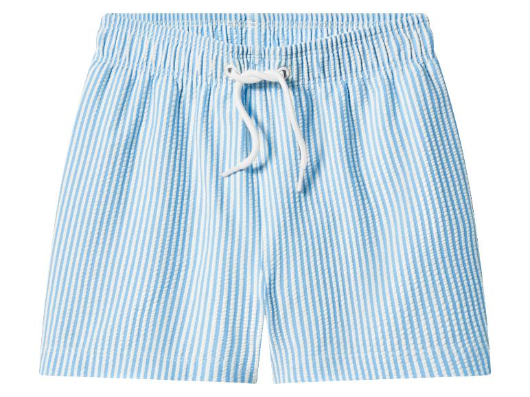 Short de bain rayé bleu et blanc avec taille élastique et cordon de serrage.