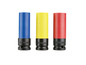 Trois douilles à choc colorées, 17 mm, 19 mm et 21 mm.