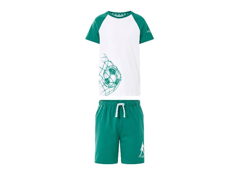 Ensemble pyjama enfant vert et blanc avec motif de ballon de football et texte.