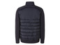 Une veste pour homme bleu foncé avec un devant en tricot et un dos matelassé.
