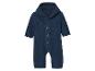 Combinaison bébé bleu marine à capuche et boutons.