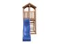 Toboggan en bois avec échelle et plateforme, avec un toboggan bleu.