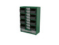 Une armoire de rangement verte avec des tiroirs noirs et transparents de Parkside.