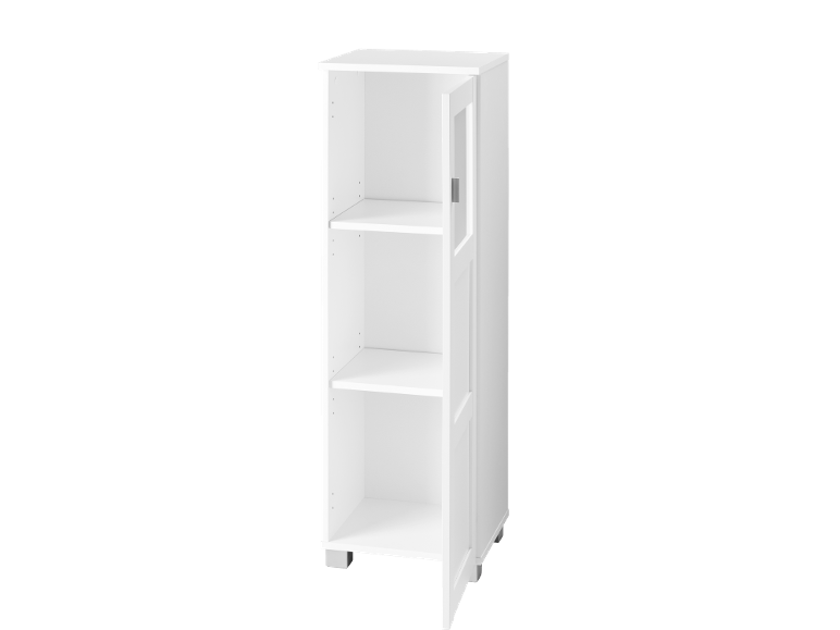 Meuble de rangement blanc avec trois étagères et une porte vitrée