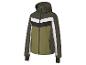 Veste verte avec capuche et détails blancs et noirs.