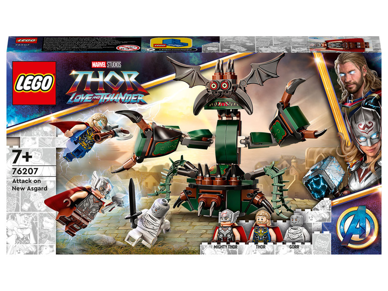 Ensemble Lego Thor: Love and Thunder avec les figurines Gorr, Mighty Thor et Thor.