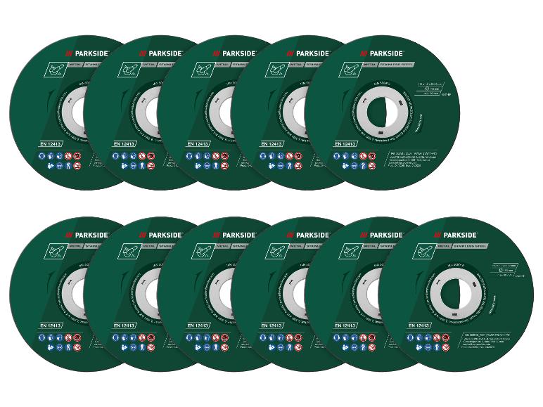 Douze disques de coupe verts pour métal et acier inoxydable avec pictogrammes de sécurité.
