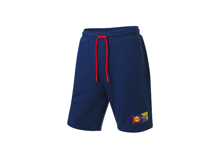 Shorts de sport Lidl Trek bleus marine avec cordon rouge.
