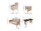 Ensemble de mobilier de jardin en rotin avec canapé, fauteuil, tabouret et table, avec dimensions.
