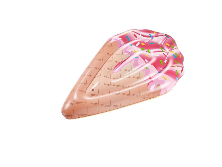 Île flottante gonflable en forme de cornet de glace rose.