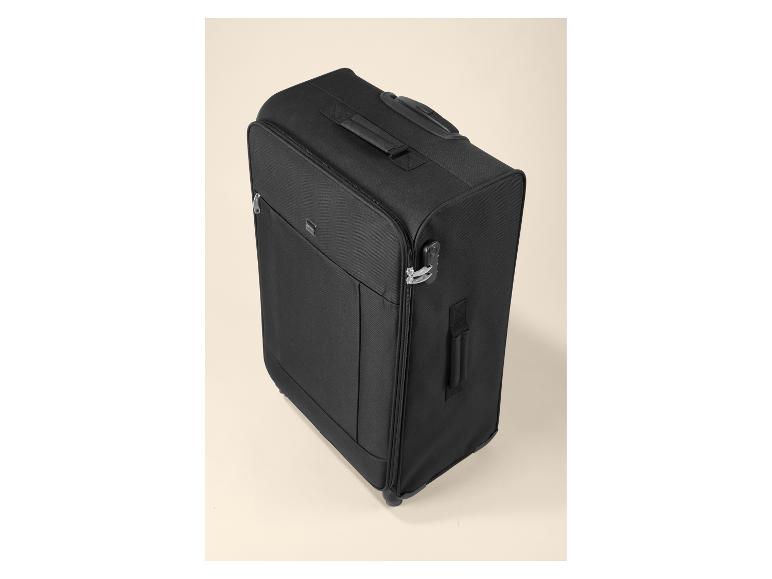 Valise à roulettes noire en tissu avec poignée télescopique et poignées de transport