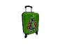 Valise enfant verte avec poignée télescopique et graphiques de jeu vidéo.