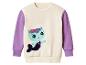 Sweat-shirt crème avec manches violettes et un personnage de chat sirène à paillettes.