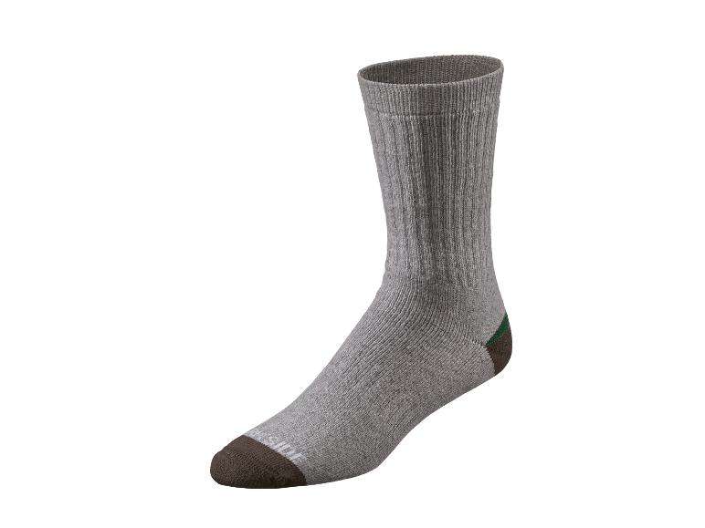 Une chaussette grise unie avec un bout et un talon marron foncé et une bande verte.