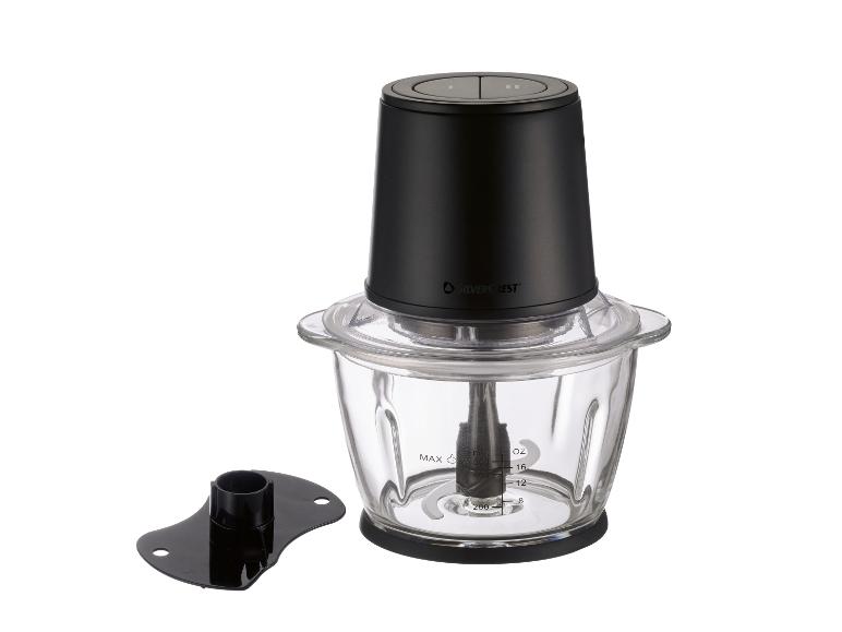 Hachoir de cuisine noir avec bol en verre et deux boutons de commande.