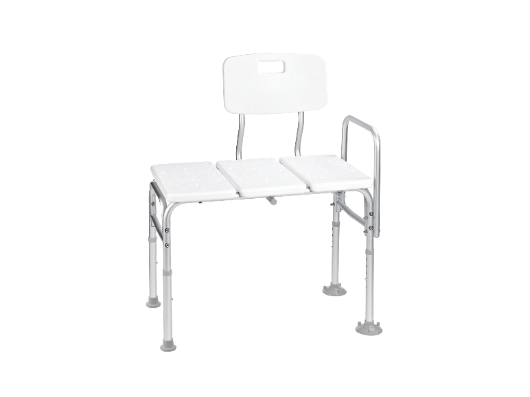 Tabouret de douche réglable avec dossier et accoudoirs.