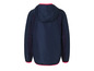 Une veste coupe-vent bleu marine avec des détails roses.