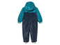 Une combinaison pour enfant de couleur bleu foncé et turquoise avec une capuche.