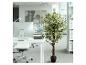 Arbre artificiel en pot dans un bureau moderne avec bureaux et ordinateurs.