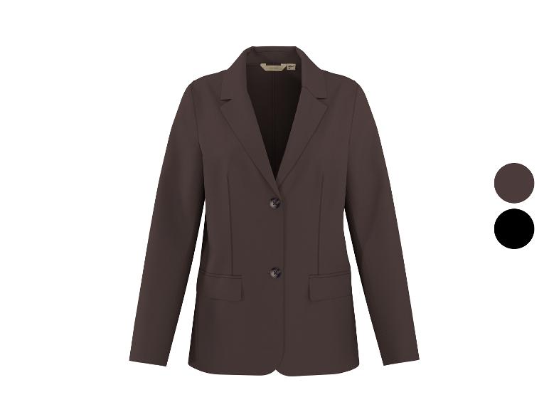 Blazer marron pour femme avec deux boutons et deux poches, présenté avec des échantillons de couleur.