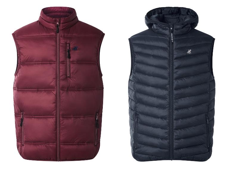 Deux gilets matelassés, un bordeaux à col montant et un bleu marine à capuche.