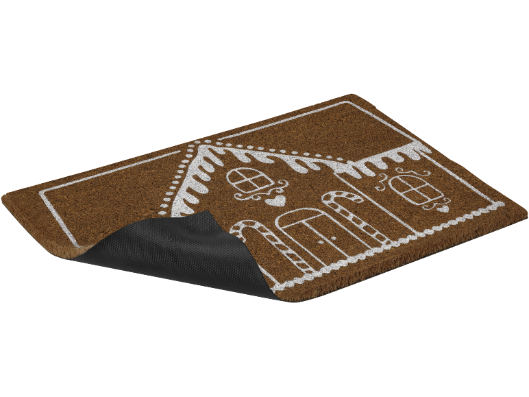 Paillasson thème maison en pain d'épices avec motif glaçage blanc sur fibre de coco marron.