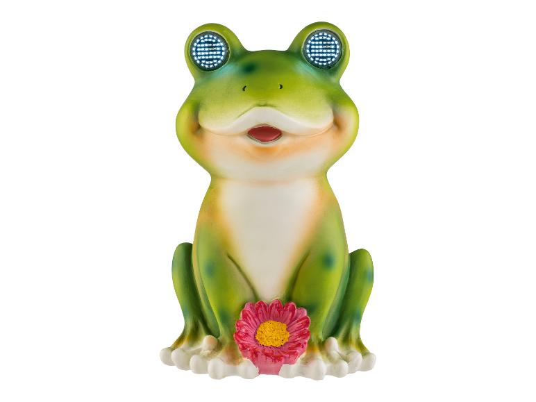 Décoration de jardin grenouille verte avec yeux lumineux et fleur rose
