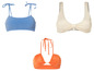 Trois hauts de bikini : un bleu avec des nœuds, un blanc avec un nœud et un orange avec un décolleté halter.