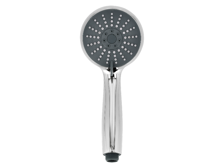 Pommeau de douche à main chromé avec plaque de buse grise et plusieurs types de jet.