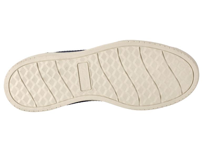 Semelle de chaussure de sport beige avec motif losanges et lignes courbes.