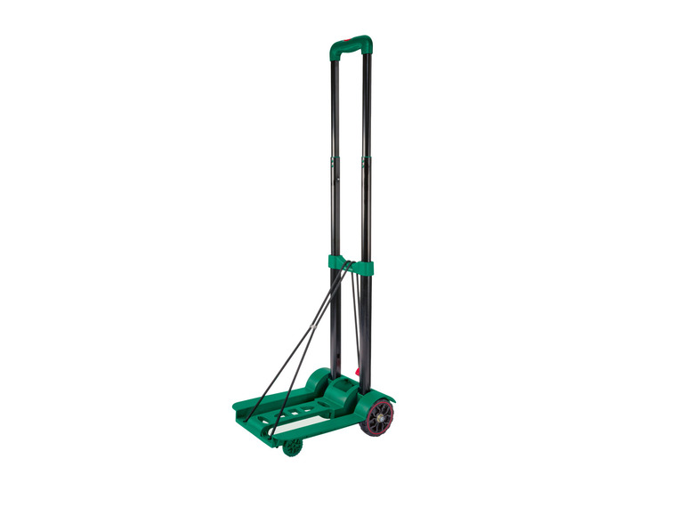 Un chariot pliable vert avec des roues.