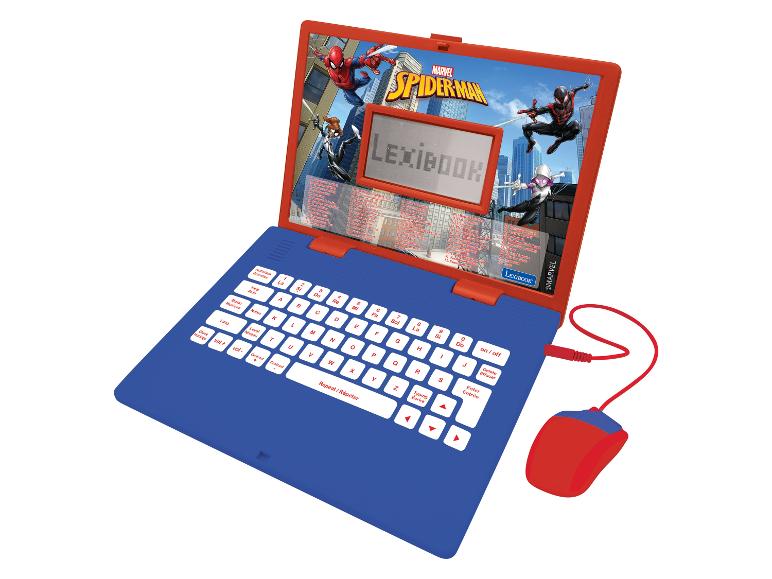 Un ordinateur portable Lexibook bleu avec un design Spider-Man rouge, y compris une souris.