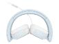 Casque supra-auriculaire pliable bleu clair avec coussinets blancs et câble.