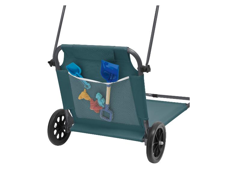 Chariot de plage en tissu sarcelle avec poche en filet contenant des pelles bleues et des moules à sable.