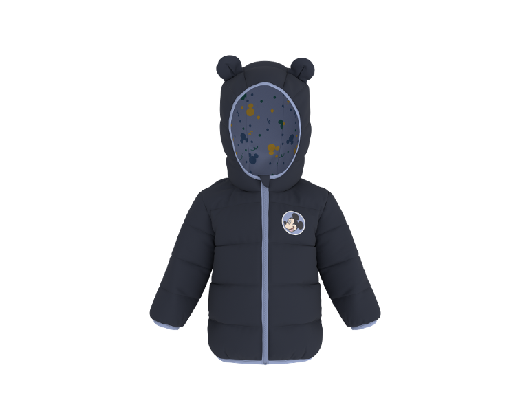 Veste enfant bleu foncé avec capuche à oreilles et motif de dessin animé sur la poitrine.