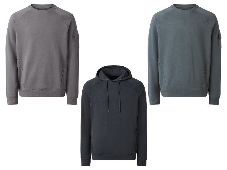 Trois sweats-shirts de couleurs différentes : gris, gris-bleu et bleu marine.