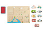 Puzzle en bois avec divers véhicules, dont un bateau, un avion et un bus.