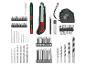 Ensemble d'outils PARKSIDE avec mètre ruban, cutter, forets et embouts de tournevis.